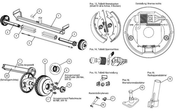 WAP W205 RS Bremsbacken 200x50mm für Humbaur Achsen Komplett Set inkl  Federn für eine Achse / Anhänger Ersatzteile Versand